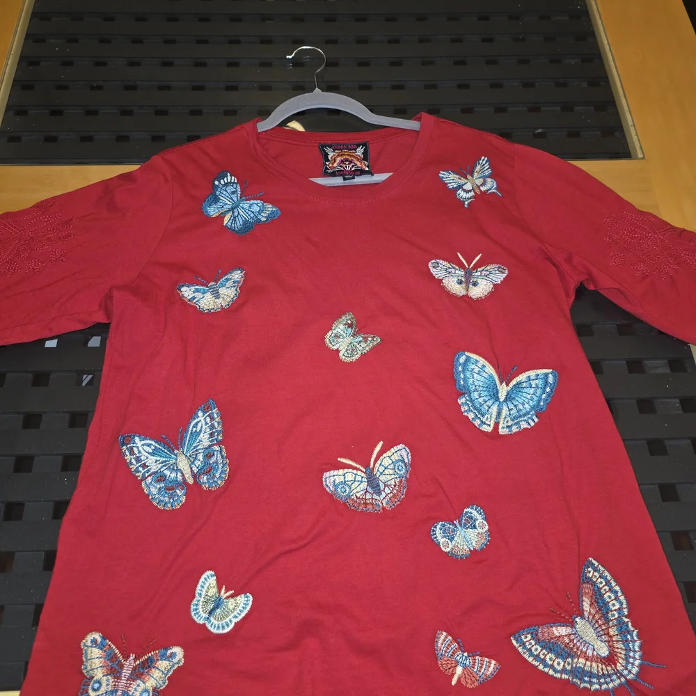 Johnny Was Red Blouse with Blue Butterfly Embroidery - Picture 3 of 11